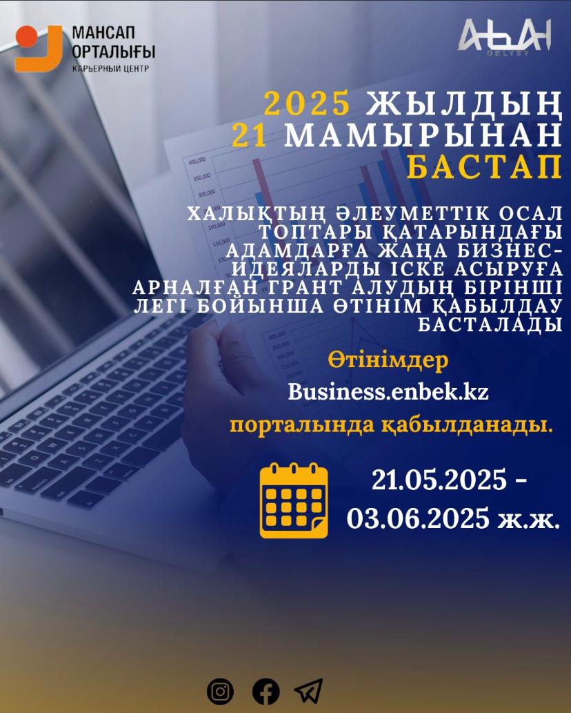 Жаңа бизнес-идеяларды жүзеге асыру үшін Грантқа өтінімдер 2025 жылдың 21 мамырынан бастап қабылданады