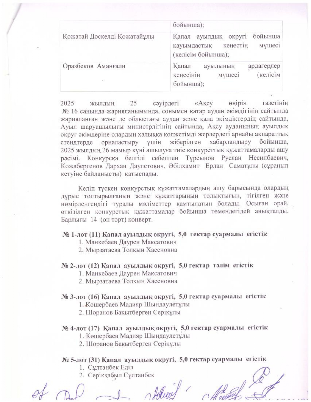 Жетісу облысы Ақсу ауданы Шаруа немесе фермер қожалығын, ауыл шаруашылығы өндірісін жүргізу үшін уақытша өтеулі жер пайдалану (жалға алу) құқығын беру жөніндегі конкурсты ұйымдастыру бойынша аудандық жер комиссияның (конкурстық құжаттамаларды ашу)  ашу хаттамасы