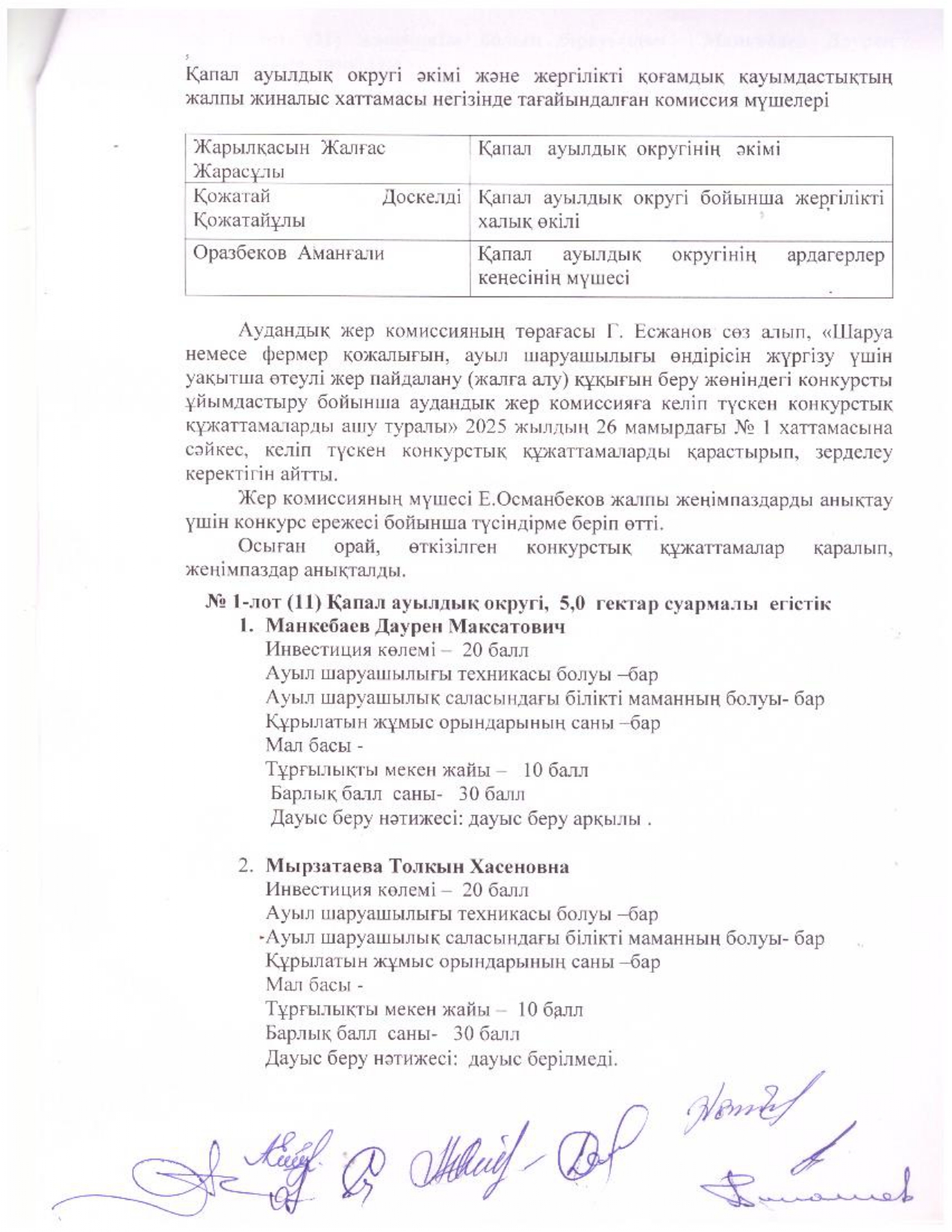 Жетісу облысы Ақсу ауданы Шаруа немесе фермер қожалығын, ауыл шаруашылығы өндірісін жүргізу үшін уақытша өтеулі жер пайдалану (жалға алу) құқығын беру жөніндегі конкурстың қорытындысы туралы жер комиссиясының хаттамалық шешімі