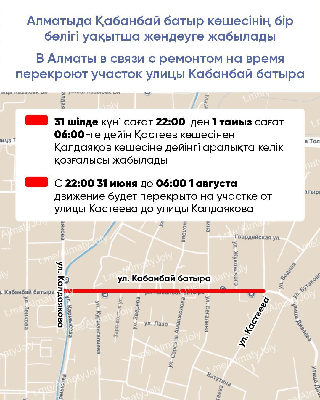 Алматыда Қабанбай батыр көшесінің бір бөлігі уақытша жөндеуге жабылады