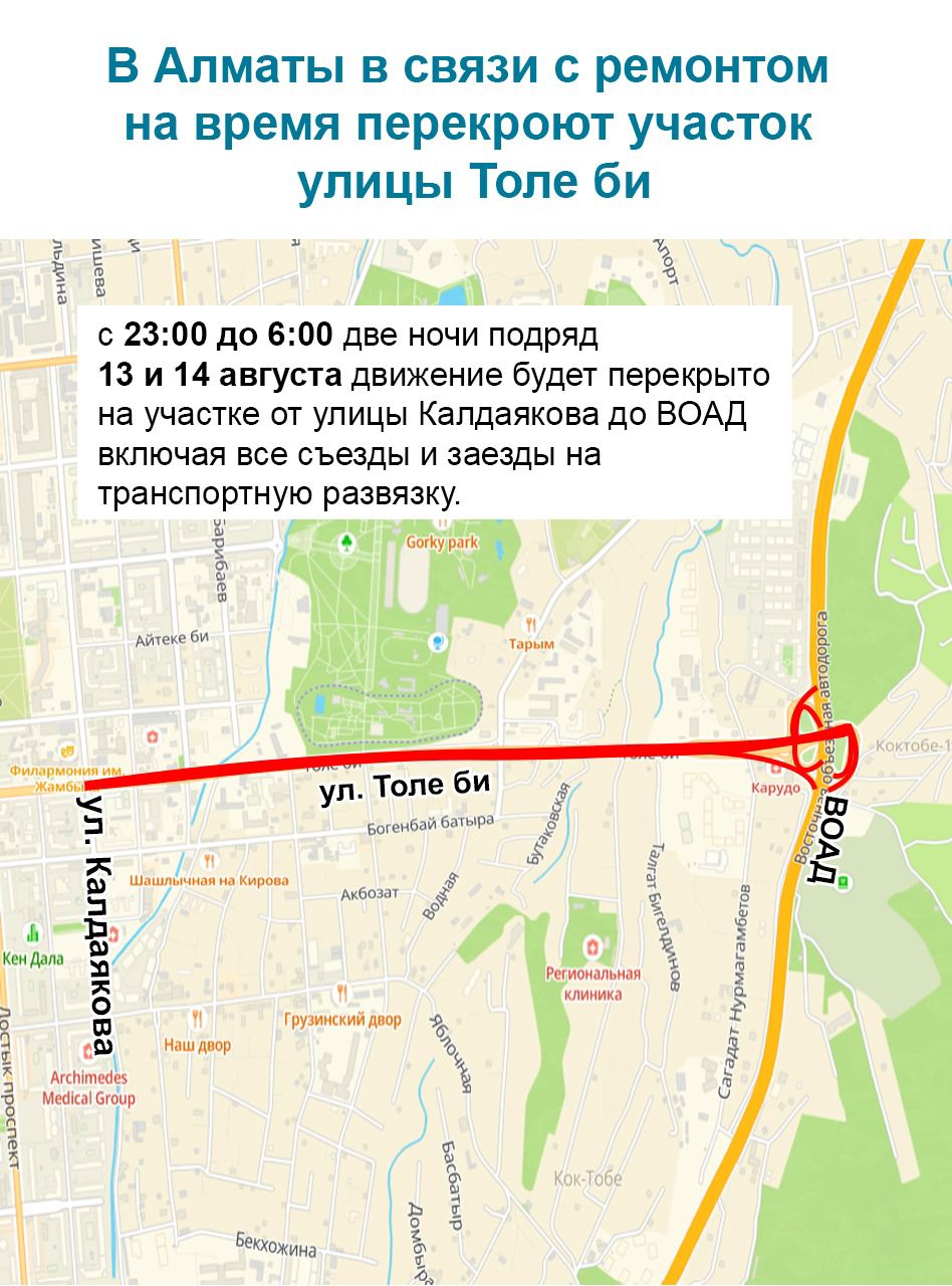 Алматыда Төле би көшесінің бір бөлігі уақытша жөндеуге жабылады