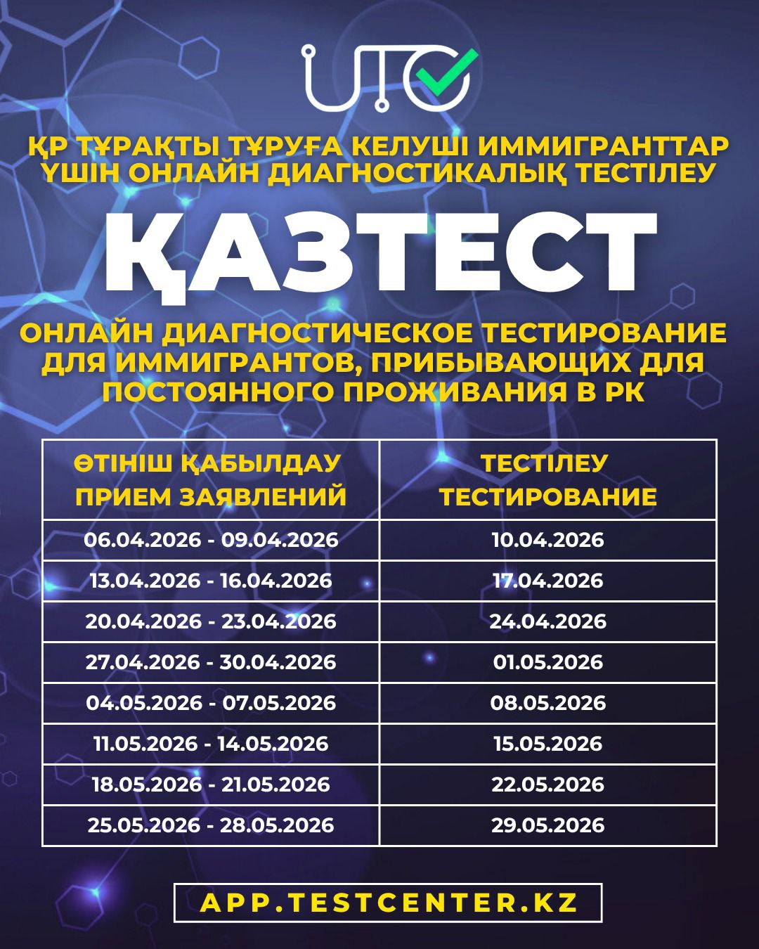 Қазақстан Республикасына тұрақты тұруға келетін иммигранттар үшін ҚАЗТЕСТ жүйесі бойынша онлайн-диагностикалық тестілеу өткізу кестесі