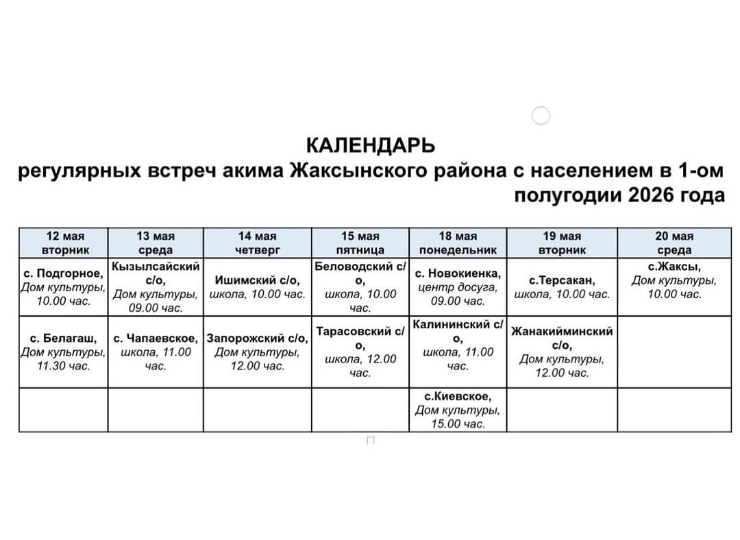 2026 жылдың 1-ші жартыжылдығындағы Жақсы ауданы әкімінің халықпен тұрақты кездесулерінің КҮНТІЗБЕСІ