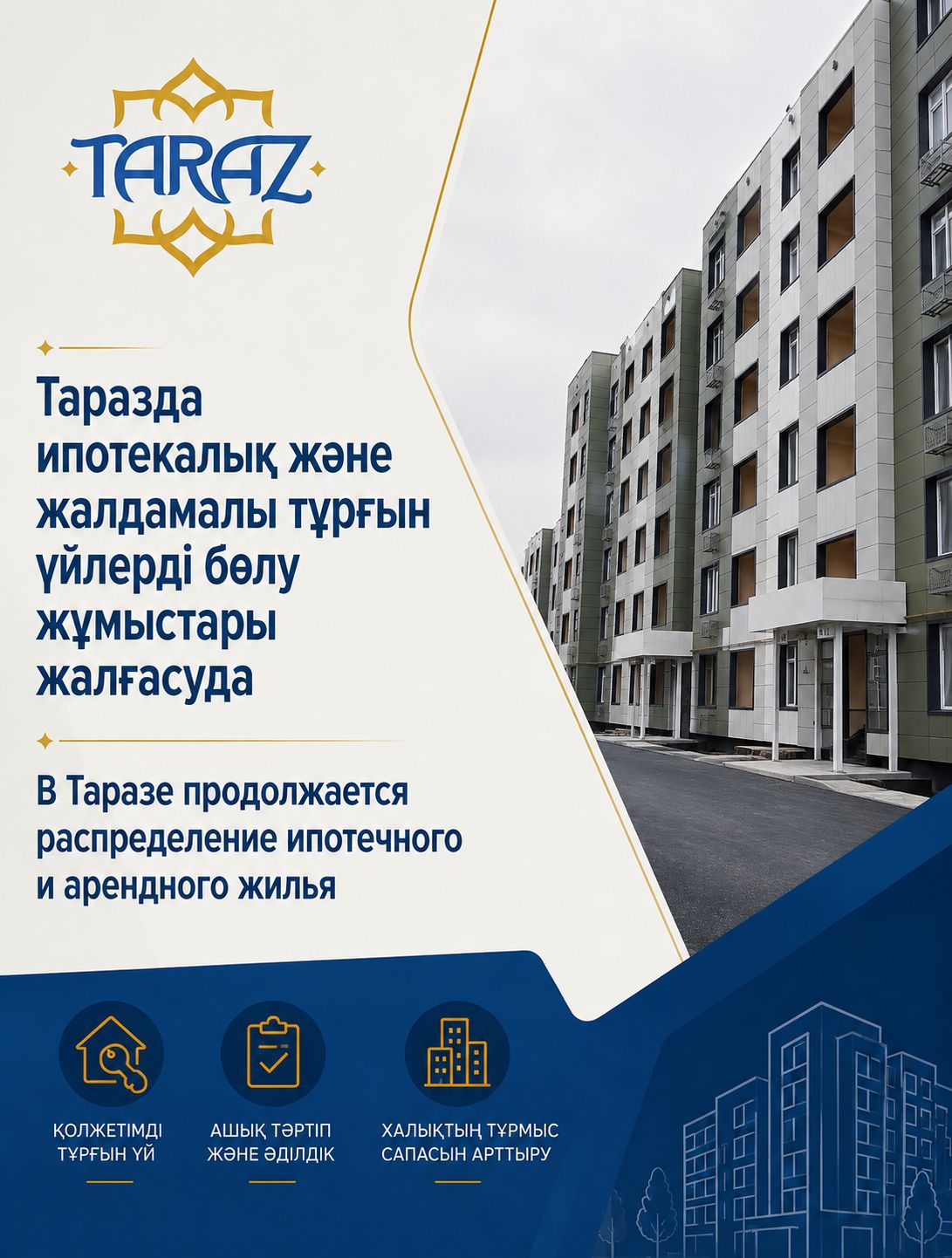 Таразда ипотекалық және жалдамалы тұрғын үй бағдарламалары аясында азаматтарды баспанамен қамтамасыз ету жұмыстары жалғасуда