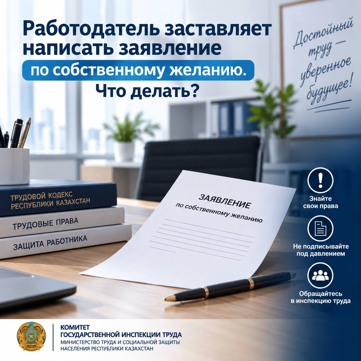 Жұмыс беруші өз еркіңізбен жұмыстан шығу туралы өтініш жазуға мәжбүрлесе не істеу керек?