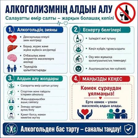 Алкоголизмнің алдын алу – қоғам денсаулығы мен қауіпсіздігінің маңызды бағыты. Ішімдік адам денсаулығына зиян келтіріп қана қоймай, отбасыға, жұмысқа, оқу мен әлеуметтік өмірге де кері әсер етеді. Салауатты өмір салтын ұстану, спортпен айналысу, зиянды ортадан аулақ болу және жақындармен ашық сөйлесу – тәуелділіктің алдын алудың тиімді жолдары. Егер сізге немесе жақыныңызға көмек қажет болса, маманға жүгінуден ұялмаңыз. Ерте көмек – үлкен мәселенің алдын алады. Алкогольден бас тарту – саналы таңдау! #Заңментәртіп #ЗАКОНИПОРЯДО